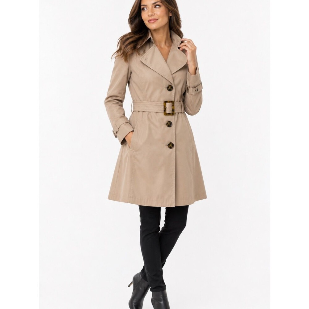 London Fog Belted Trench Coat Taupe Water Resistant Classic Elevated Small NWOT - Picture 3 of 13